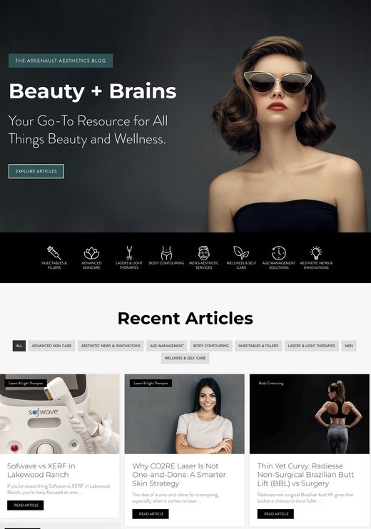 Beauty + Brains blog on the Arsenault Aesthetics website, part of the content-led med spa SEO