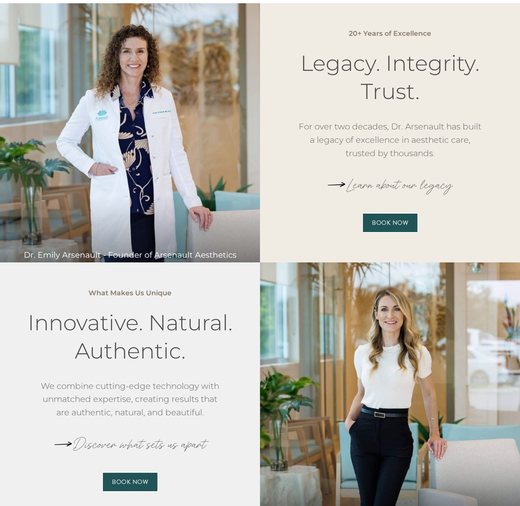 Arsenault Aesthetics homepage featuring founder Dr. Emily Arsenault: Legacy. Integrity. Trust.