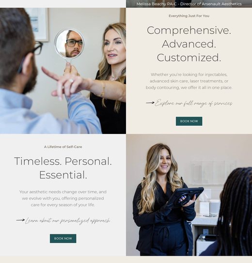 Arsenault Aesthetics website design: homepage sections for comprehensive, customized aesthetic care