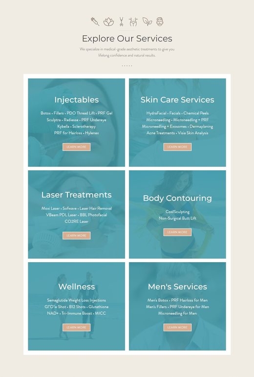 Services grid on the Arsenault Aesthetics homepage: injectables, skin care, lasers, body contouring, wellness and men's services