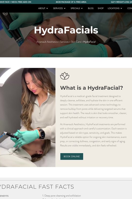HydraFacial treatment page on the Arsenault Aesthetics med spa website, with a provider performing a HydraFacial