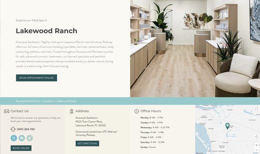 Arsenault Aesthetics Lakewood Ranch med spa location page with hours, address and map