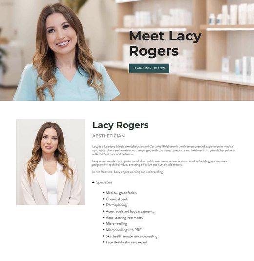 Meet Lacy Rogers page for an aesthetician at Arsenault Aesthetics