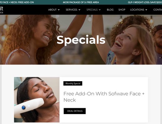 Monthly specials page on the Arsenault Aesthetics med spa website, with the specials banner across the top