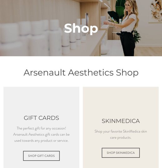 Arsenault Aesthetics shop page for gift cards and SkinMedica products