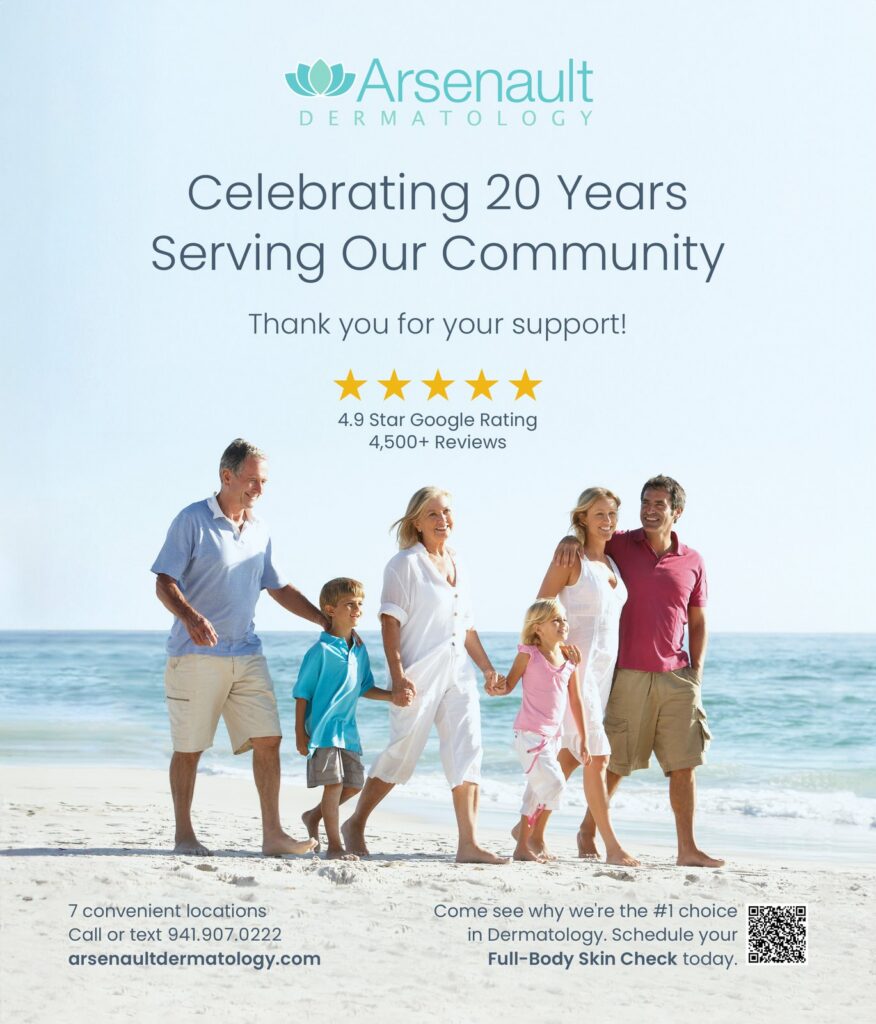 Magazine ad for Arsenault Dermatology: "Celebrating 20 Years Serving Our Community," LWR Life, 2023. Designed by Josh Miller