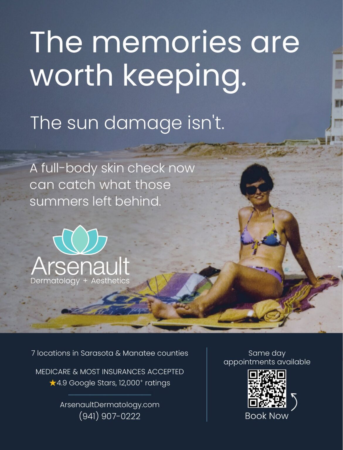 Magazine ad for Arsenault Dermatology: "The Memories Are Worth Keeping," Sarasota Magazine, 2026. Designed by Josh Miller