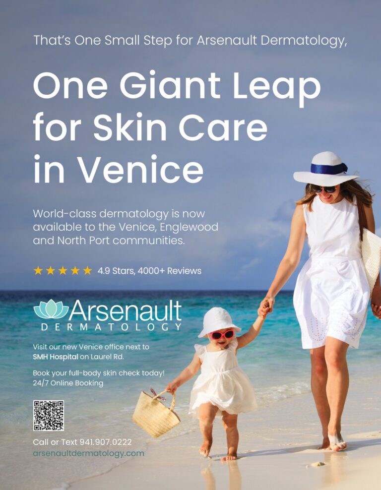 Magazine ad for Arsenault Dermatology: "One Giant Leap for Skin Care in Venice," Sarasota Scene, 2023. Designed by Josh Miller