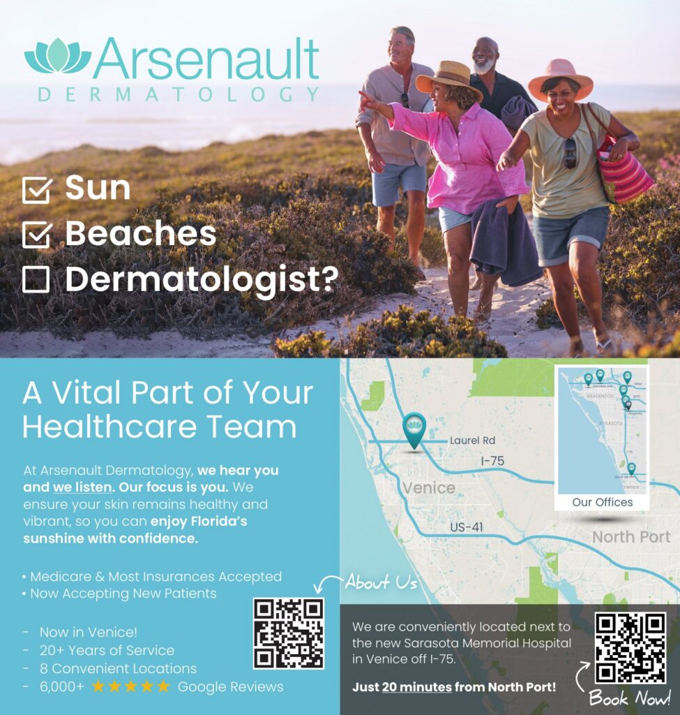 Newspaper ad for Arsenault Dermatology: "Sun, Beaches, Dermatologist," Venice Gondolier, 2024. Designed by Josh Miller