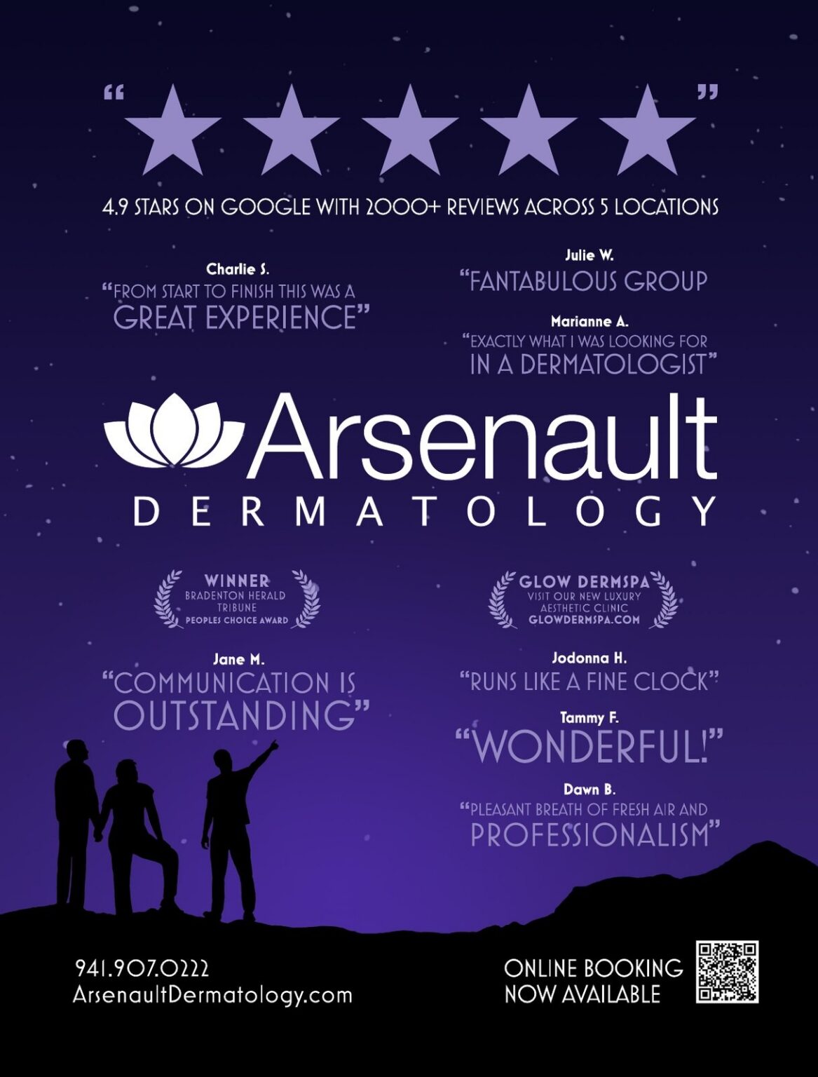 Program ad for Arsenault Dermatology: five-star patient reviews under a night sky, "4.9 stars on Google with 2,000+ reviews across 5 locations," Asolo Rep program, 2021. Designed by Josh Miller