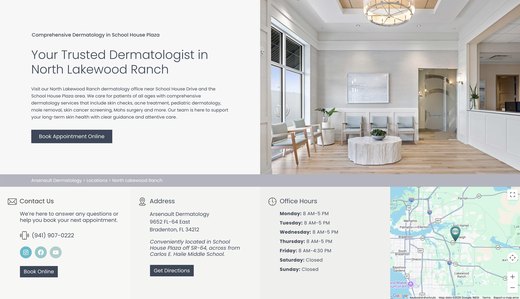 Arsenault Dermatology website, North Lakewood Ranch location page