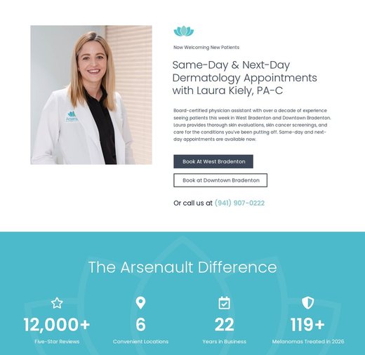 Same-day and next-day dermatology appointments with Laura Kiely, PA-C, on an Arsenault Dermatology provider landing page