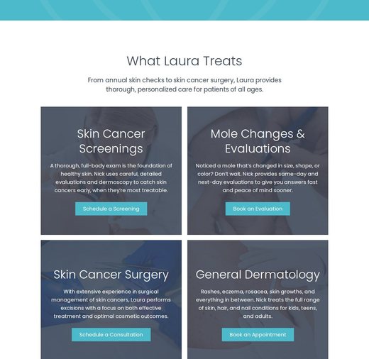 Provider landing page showing what Laura Kiely, PA-C, treats at Arsenault Dermatology