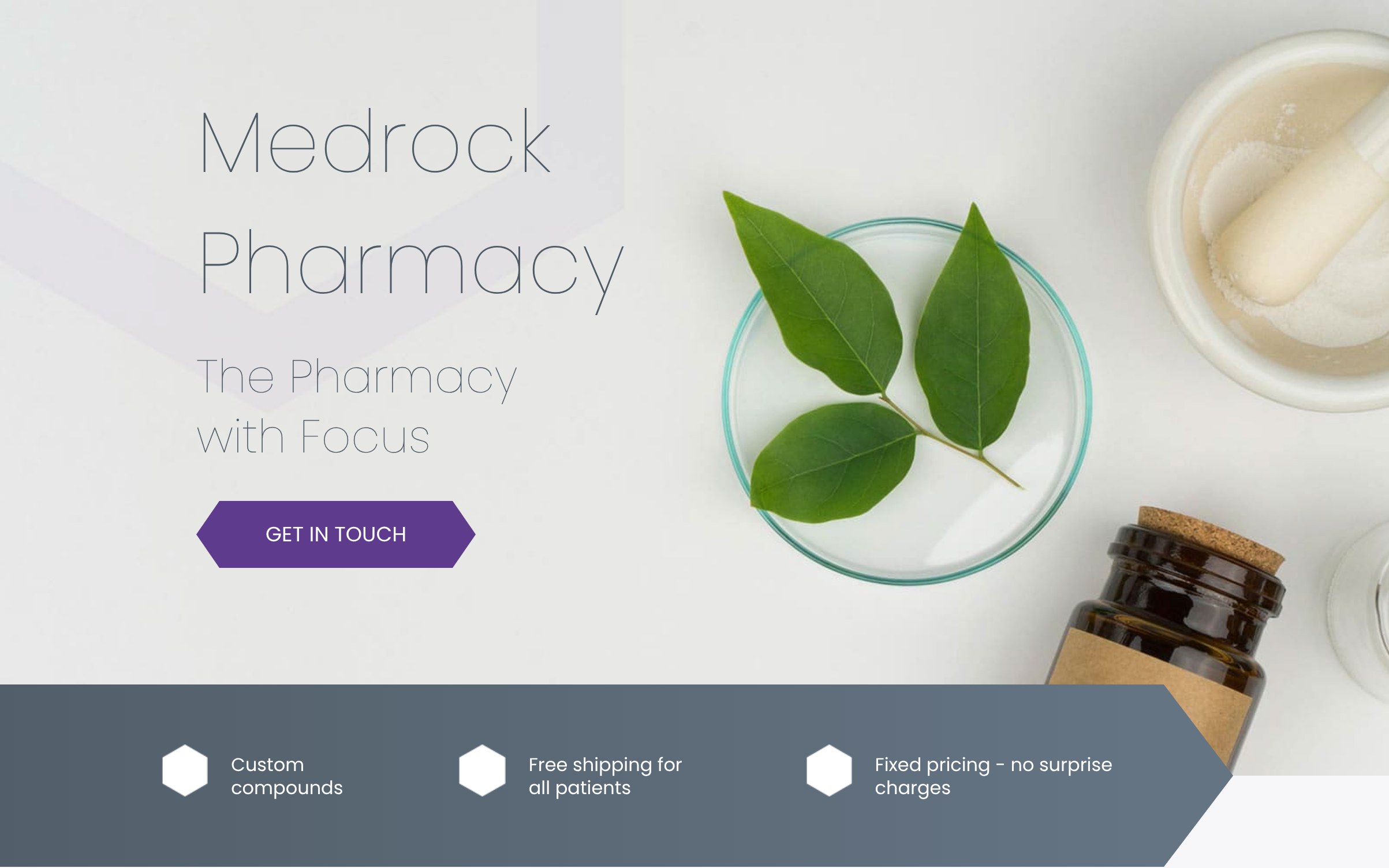 Medrock Pharmacy homepage, The Pharmacy with Focus: a logo and website case study for a dermatology compounding pharmacy