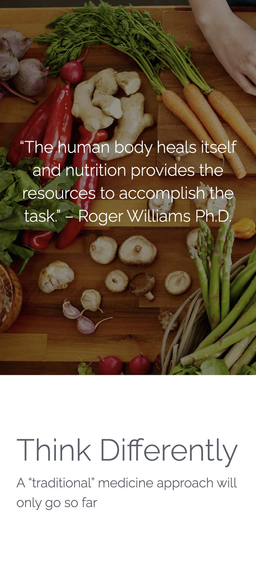 Optimal Health Institute of Ohio philosophy page on a phone: a nutrition quote over fresh vegetables, above Think Differently