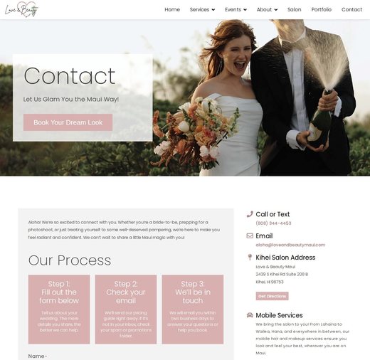 Contact page for Love and Beauty Maui, with the booking process, the Kihei salon and mobile services