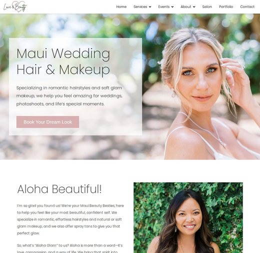 Love and Beauty Maui website design: the homepage for Maui wedding hair and makeup