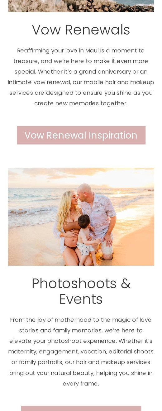 Vow renewals, photoshoots and events on the Love and Beauty Maui homepage, on a phone