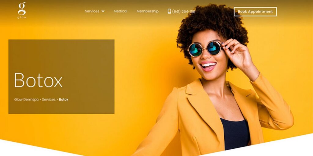 Botox page from the original Glow Dermspa website, with a woman in sunglasses on a yellow background