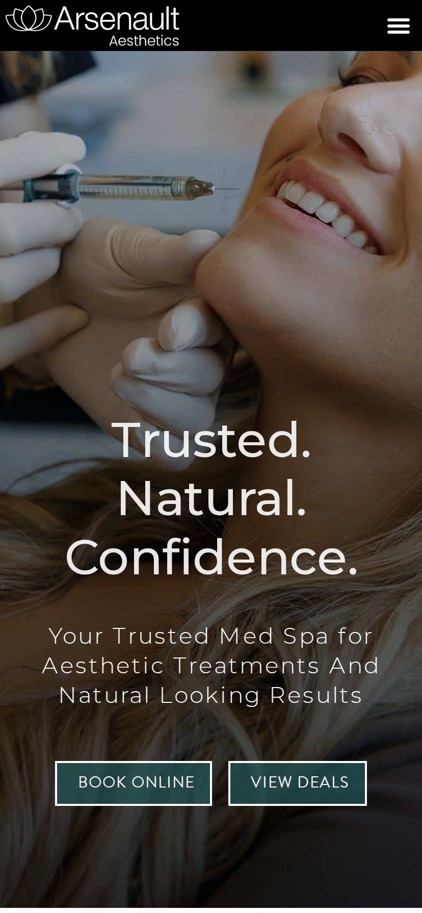 Arsenault Aesthetics homepage on a phone: Trusted. Natural. Confidence.