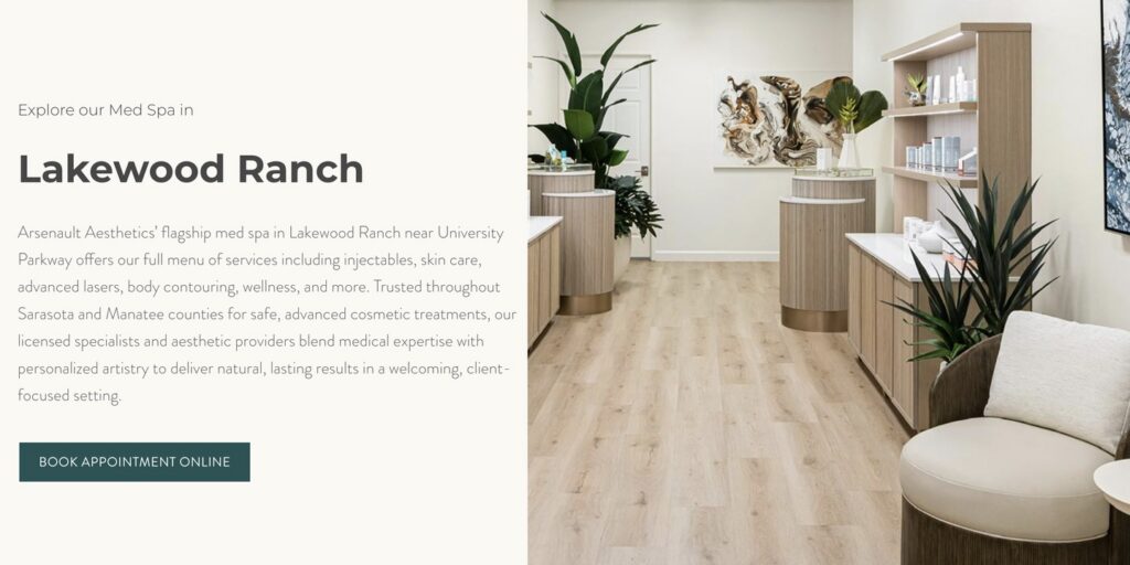 Arsenault Aesthetics Lakewood Ranch location page, with a photo of the med spa's interior