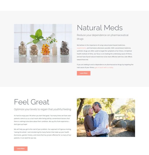 Natural Meds and Feel Great sections on the Optimal Health Institute of Ohio homepage