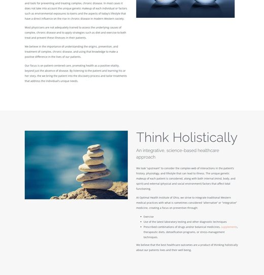 Think Holistically section of the philosophy page, beside stacked stones