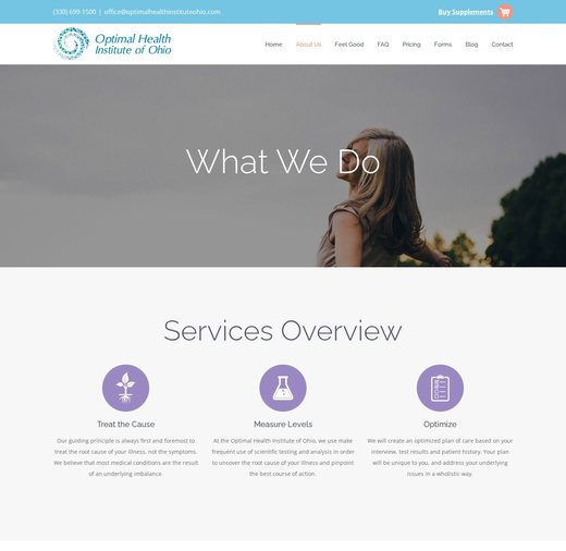 Services overview on the Optimal Health Institute of Ohio website: treat the cause, measure levels, optimize