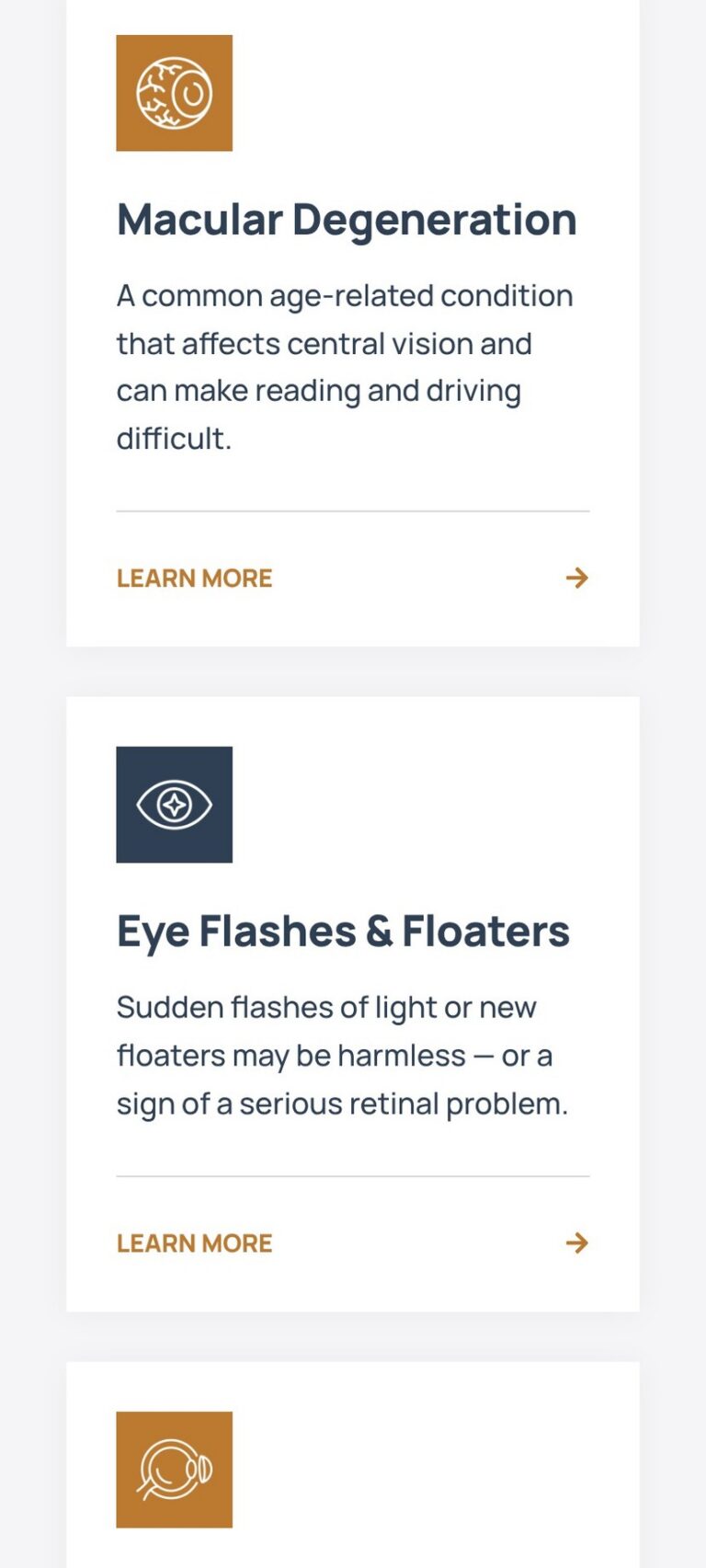 Shane Retina homepage on a phone: retina condition cards for macular degeneration and eye flashes and floaters