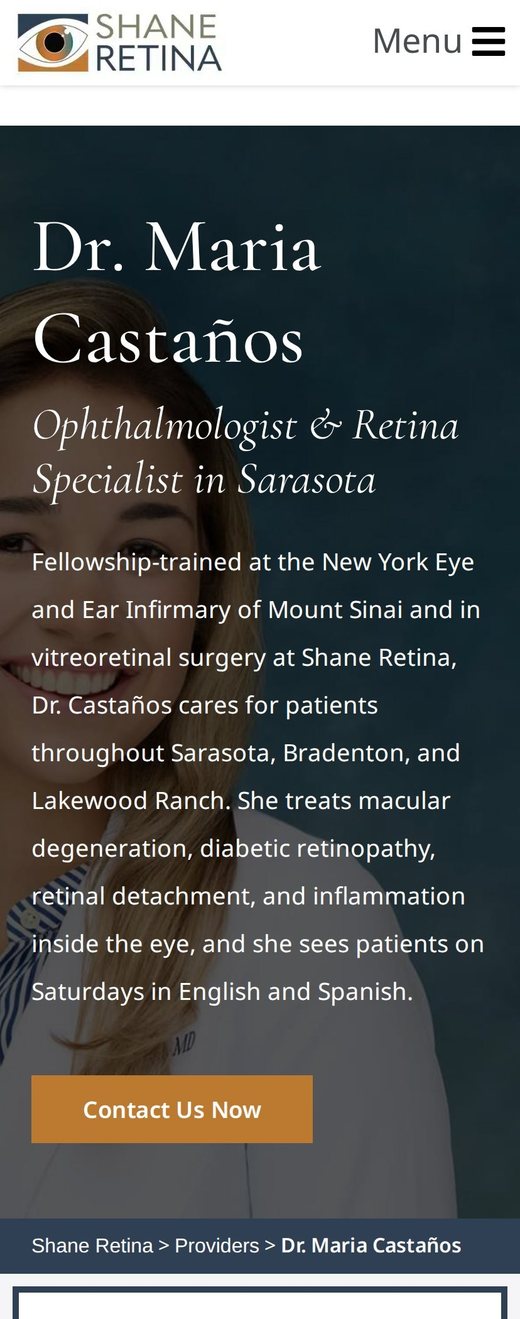 Shane Retina provider page for Dr. Maria Castaños, ophthalmologist and retina specialist, on a phone