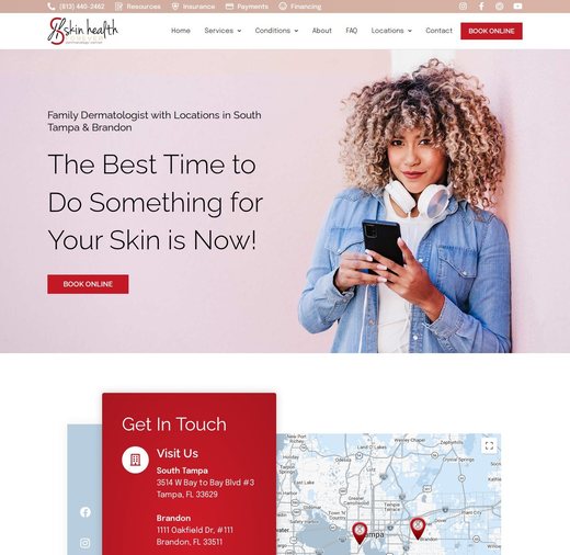 Contact page for Skin Health Forever, with its South Tampa and Brandon offices on a map