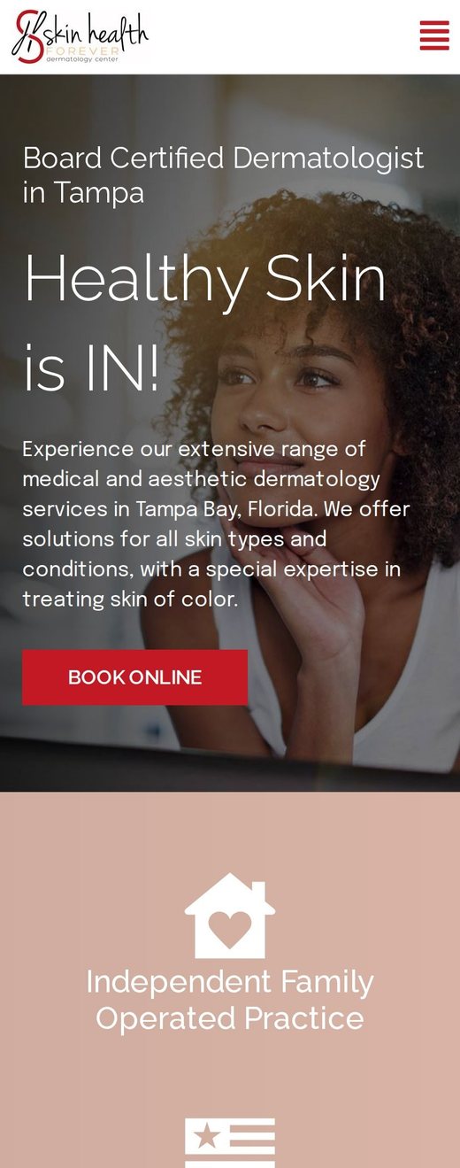 Skin Health Forever homepage on a phone, a medical website design example for a Tampa dermatology practice