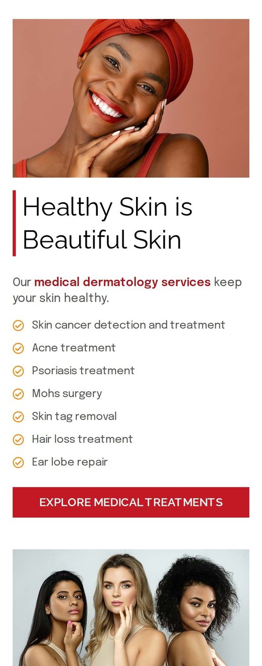 Medical dermatology services on the Skin Health Forever homepage, on a phone