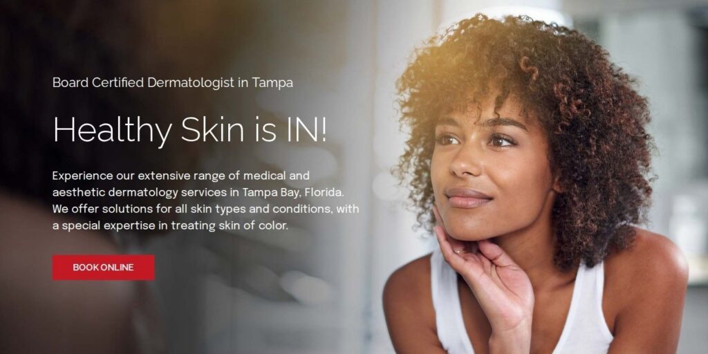 Skin Health Forever homepage hero: Healthy Skin is IN! Board certified dermatologist in Tampa